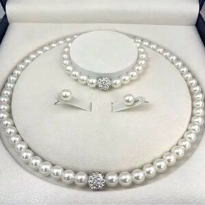 Classic White Pearl Necklace, Bracelet and Stud Earring Set Of 3 Crystal